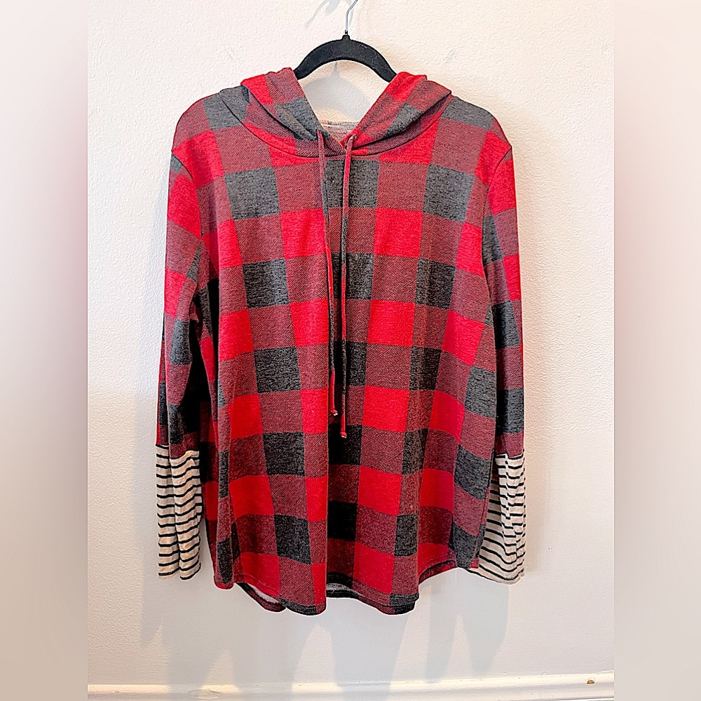 Red Christmas Plaid Striped Patchwork Drawstring Over sized Hoodie